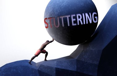 Stuttering as a problem that makes life harder - symbolized by a person pushing weight with word Stuttering to show that Stuttering can be a burden that is hard to carry, 3d illustration clipart