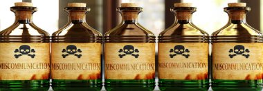 Miscommunication can be like a deadly poison - pictured as word Miscommunication on toxic bottles to symbolize that Miscommunication can be unhealthy for body and mind, 3d illustration clipart