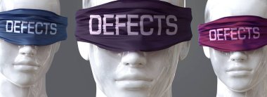 Kusurlar görüşlerimizi köreltebilir ve bakış açımızı sınırlayabilir. Gözlerdeki kelime kusurları, kusurların dünyayı, 3D illüstrasyonu, çarpıtabileceğini sembolize eder.