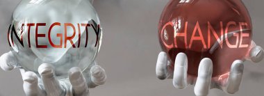 Dengeli bir hayattaki değişim ve bütünlük, kelimeler değişirken resmedilmiş, dürüstlük ve değişimin dengede kalması gerektiğini gösteren ellerdeki bütünlük, üç boyutlu illükler.