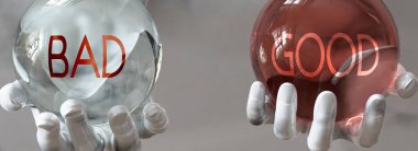 Dengeli bir hayatta iyi ve kötü - iyi ve kötü olarak resmedilmiş, kötü ellerde kötü ve kötü dengede kalmalıdır, 3d illüstrasyon