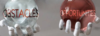 Dengeli bir hayattaki fırsatlar ve engeller - kelimeler olarak resmedilmiş fırsatlar, engellerin ve fırsatların dengede kalması gerektiğini gösteren engeller, 3d illüstrasyon