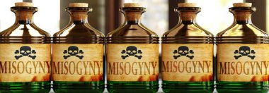 Misogyny can be like a deadly poison - pictured as word Misogyny on toxic bottles to symbolize that Misogyny can be unhealthy for body and mind, 3d illustration clipart