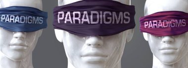 Paradigms can blind our views and limit perspective - pictured as word Paradigms on eyes to symbolize that Paradigms can distort perception of the world, 3d illustration clipart