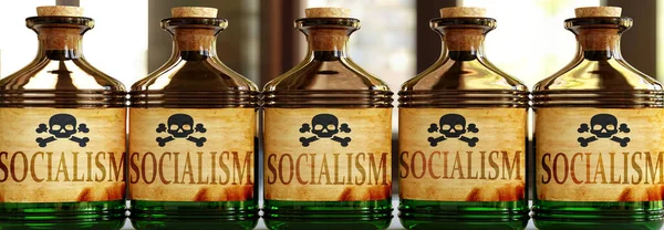 社会主義は致命的な毒のようになることができます 社会主義は体と心のために不健康なことができることを象徴するために有毒ボトルの上に社会主義として描かれ 3Dイラスト — ストック写真