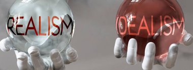 Dengeli bir hayatta idealizm ve gerçekçilik, idealizmin ve idealizmin dengede kalması gerektiğini gösteren kelimeler olarak resmedilmiştir.