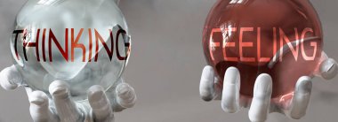 Dengeli bir hayatta hisler ve düşünceler, kelimeler olarak resmedilmiş hisler, hisler ve düşüncenin dengede kalması gerektiğini göstermek için ellerde düşünmek, üç boyutlu illüstrasyon.