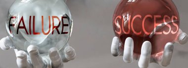 Dengeli bir hayatta başarı ve başarısızlık - kelimeler olarak resmedilmiş başarı, başarısızlık ve başarının dengede kalması gerektiğini gösteren ellerdeki başarısızlık, 3D illüstrasyon