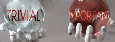 Dengeli bir hayatta önemli ve önemsiz kelimeler olarak resmedilmiş. Önemsiz ve önemli şeylerin dengede durması gerektiğini gösteren önemsiz kelimeler. 3D illüstrasyon.