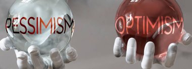 Dengeli bir hayatta iyimserlik ve kötümserlik, iyimserlik ve kötümserliğin dengede kalması gerektiğini gösteren iyimserlik ve karamsarlık, üç boyutlu illüstrasyon olarak resmedilmiştir.