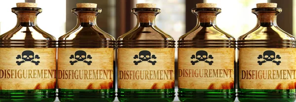 Disfigurement Can Deadly Poison Pictured Word Disfigurement Toxic Bottles Symbolize — Stock Photo, Image