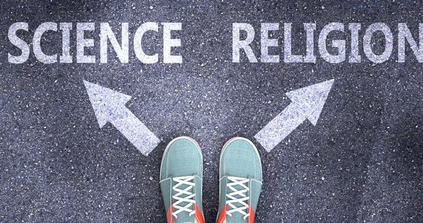 Science Religion Different Choices Life Pictured Words Science Religion Road — Stock Photo, Image