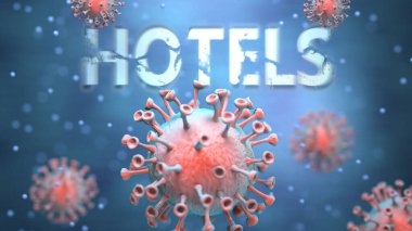 Kargaşayı, küresel sorunları ve Corona virüsü ile oteller arasındaki ilişkiyi sembolize eden kırmızı virüsler otellere saldırıyor.