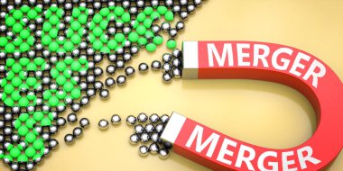 Birleşme başarıyı çeker - Birleşmenin iş ve hayatta başarıya yol açabileceğini ya da katkıda bulunabileceğini sembolize eden bir mıknatıs üzerindeki kelime birleşmesi olarak resmedilir, 3d illüstrasyon