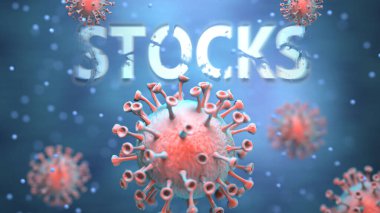 Kargaşayı, küresel sorunları ve Corona virüsü ile hisse senetleri arasındaki ilişkiyi sembolize etmek için stoklara saldıran kırmızı virüsler olarak resmedildi.