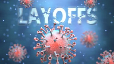 Kapsamlı ve işten çıkarmalar, kırmızı virüslerin kargaşayı, küresel sorunları ve Corona virüsü ile işten çıkarmalar arasındaki ilişkiyi sembolize etmek için kelime oyunlarına saldırması olarak resmedilmiş.