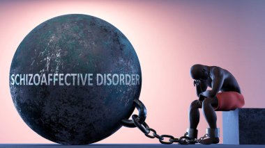 Schizoaffective disorder as a heavy weight in life - symbolized by a person in chains attached to a prisoner ball to show that Schizoaffective disorder can cause suffering, 3d illustration clipart