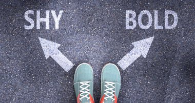 Hayattaki farklı seçimler kadar utangaç ve cesurdu. Utangaç, karar vermeyi sembolize eden bir yolda cesur ve bir seçenek olarak ya utangaç ya da cesur, 3d illüstrasyon.