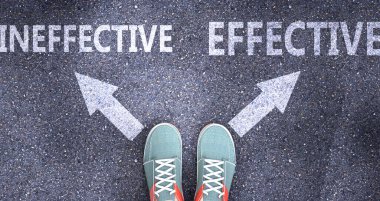 Ineffective and effective as different choices in life - pictured as words Ineffective, effective on a road to symbolize making decision and picking either one as an option, 3d illustration clipart