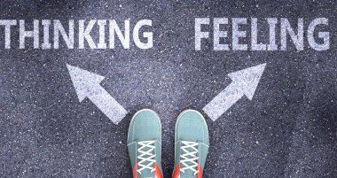 Düşünmek ve hissetmek hayattaki farklı seçimler olarak resmedilmiş. Düşünmek, düşünmek, karar vermeyi sembolize eden bir yolda hissetmek ve ya düşünmek ya da hissetmek bir seçenek, 3 boyutlu resimleme.