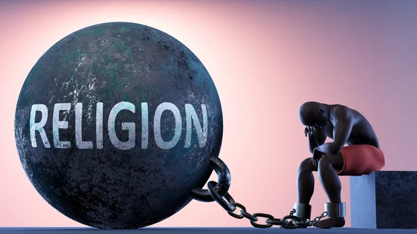 Náboženství Jako Těžká Váha Životě Symbolizováno Osobou Řetězech Připevněných Vězeňské — Stock fotografie