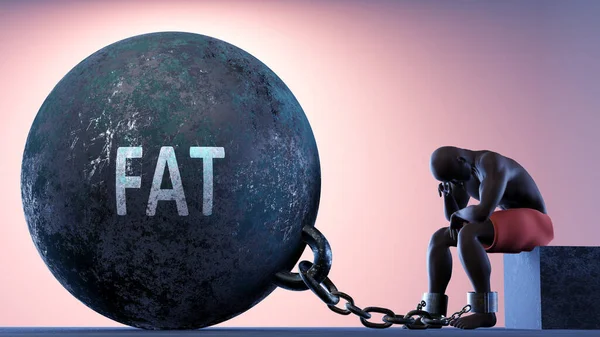 人生の重みとしての脂肪 鎖の囚人ボールに接続されている人によって象徴される脂肪は悲しみ 苦しみをもたらすことができることを示すために それは心理的な負担 3Dイラストです — ストック写真