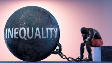 Hayatın ağır bir ağırlığı olarak eşitsizlik. Bu eşitsizliğin acıya, 3 boyutlu illüstrasyona neden olabileceğini göstermek için mahkum topuna bağlı bir kişi tarafından sembolize ediliyor.
