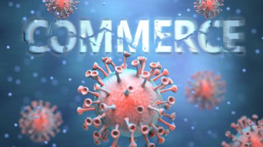 Kargaşayı, küresel sorunları ve Corona virüsü ile ticaret arasındaki ilişkiyi sembolize etmek için ticarete saldıran kırmızı virüsler olarak resmedilen Covid ve ticaret, 3D illüstrasyon