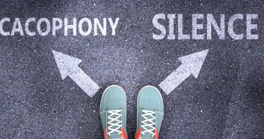 Kakofoni ve sessizlik hayattaki farklı seçimler olarak resmedilmiştir. Kakafonik kelimeler olarak resmedilmiştir. Karar vermeyi sembolize eden yoldaki sessizlik.