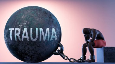 Trauma as a heavy weight in life - symbolized by a person in chains attached to a prisoner ball to show that Trauma can be a sorrow, brings suffering and it is a psychological burden, 3d illustration clipart