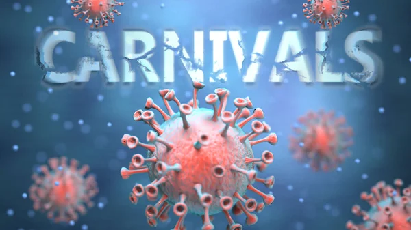 Karnaval Kırmızı Virüsler Kargaşayı Küresel Sorunları Corona Virüsü Ile Karnavallar — Stok fotoğraf