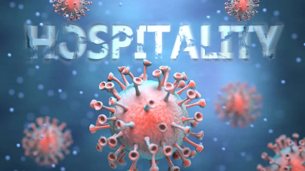 Kırmızı virüsler olarak resmedilen Covid ve konukseverlik kargaşayı, küresel sorunları ve Corona virüsü ile konukseverlik arasındaki ilişkiyi simgeleyen kelime konukseverliğine saldırıyor.