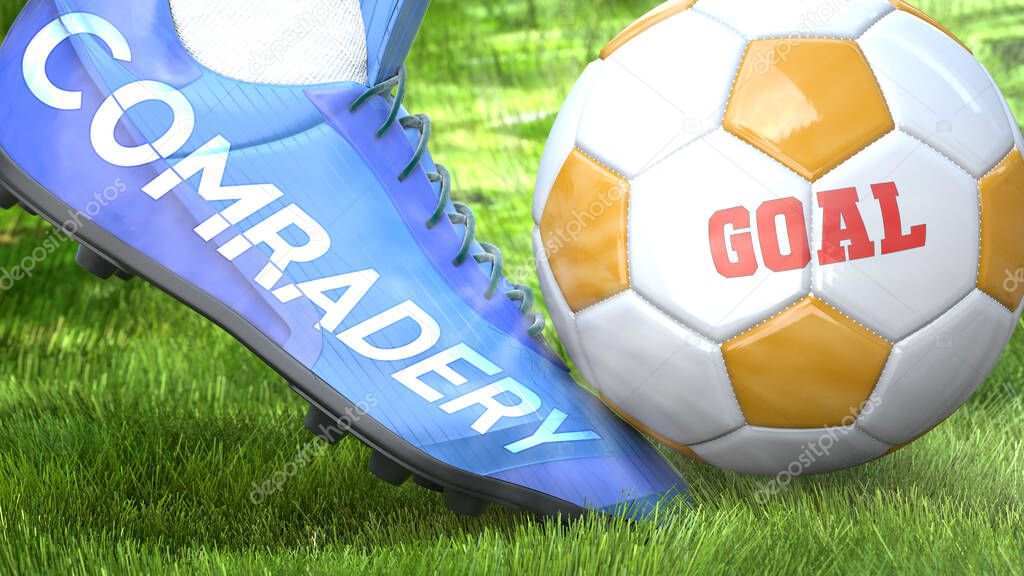 Comradery and a life goal - pictured as word Comradery on a football shoe to symbolize that Comradery can impact a goal and is a factor in success in life and business, 3d illustration