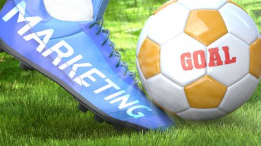 Pazarlama ve hayat amacı - pazarlamanın bir hedefi ve hayatta ve işte başarı faktörünü sembolize etmek için bir futbol ayakkabısı üzerinde kelime pazarlaması olarak resmedilmiş, 3d illüstrasyon
