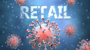 Covid ve perakende, kargaşayı, küresel dünya sorunlarını ve Corona virüsü ile perakende satış arasındaki ilişkiyi sembolize etmek için perakende satış yapan kırmızı virüsler olarak resmedildi.