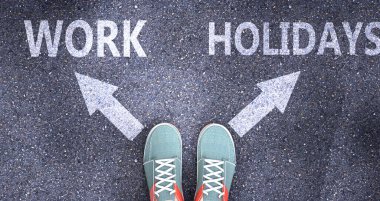 İş ve tatil, hayatın farklı seçenekleri olarak resmedilmiş çalışma, karar vermeyi sembolize etme yolunda tatiller ve iş ya da tatil seçenekleri, 3d illüstrasyon