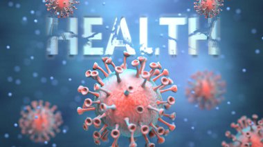 Kargaşayı, küresel dünya sorunlarını ve Corona virüsü ile sağlık arasındaki ilişkiyi simgeleyen kelime sağlığına saldıran kırmızı virüsler olarak resmedildi.