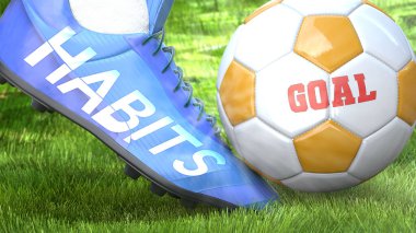 Alışkanlıklar ve yaşam amacı - futbol ayakkabısındaki kelime alışkanlıkları olarak resmedilmiş alışkanlıkların bir hedefi etkileyebileceğini ve hayatta ve işte başarı faktörü olduğunu sembolize etmek için, 3D illüstrasyon