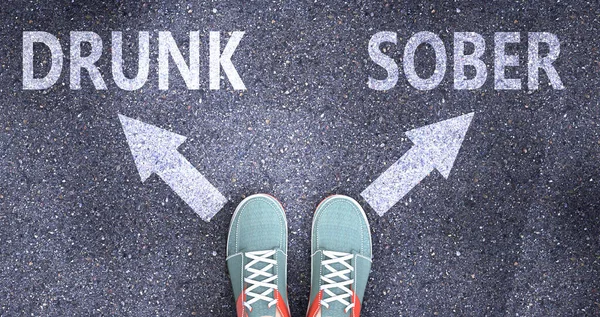 Hayattaki farklı seçimler kadar sarhoş ve ayık. Kelimeler olarak resmedilmiş. Sarhoş, karar vermeyi sembolize eden bir yolda ayık ve bir seçenek olarak sarhoş ya da ayık olmayı seçmiş.