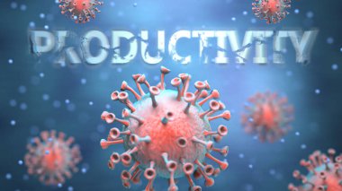 Kargaşayı, küresel dünya sorunlarını ve Corona virüsü ile üretkenlik arasındaki ilişkiyi sembolize etmek için kelime üretkenliğine saldıran kırmızı virüsler olarak resmedilen Covid ve verimlilik, 3d illüstrasyon