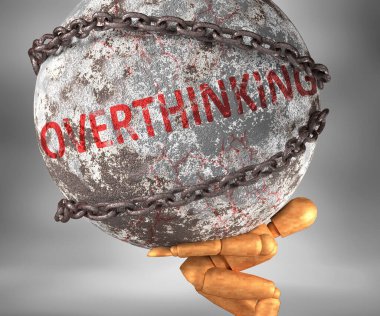 Overthinking and hardship in life - pictured by word Overthinking as a heavy weight on shoulders to symbolize Overthinking as a burden, 3d illustration clipart