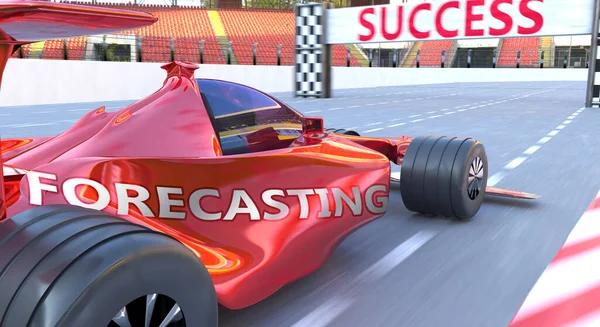 予測と成功 言葉として描かれた予測とF1車は 予測が人生とビジネスの成功と繁栄を達成するのに役立つことを象徴するために 3Dイラスト — ストック写真