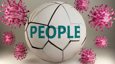 Covid-19 ve insanlar, virüslerle sembolize edilmiş insanları yok ederek koronavirüs salgınının insanları çok olumsuz etkilediğini gösteriyorlar.