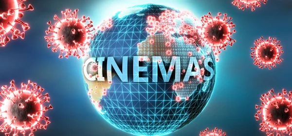 コロナウイルスが映画館に悪影響を及ぼす またはそれを引き起こす可能性があることを象徴するためにウイルスや言葉映画館によって象徴される映画館 3Dイラスト — ストック写真