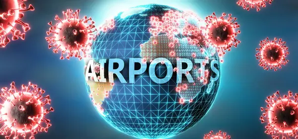 Havaalanları Virüslerle Sembolize Edilen Covid Virüsleri Corona Virüsünün Havalimanları Üzerinde — Stok fotoğraf