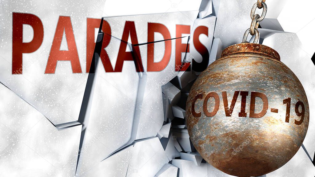 Covid and parades,  symbolized by the coronavirus virus destroying word parades to picture that the virus affects parades and leads to recession and crisis, 3d illustration
