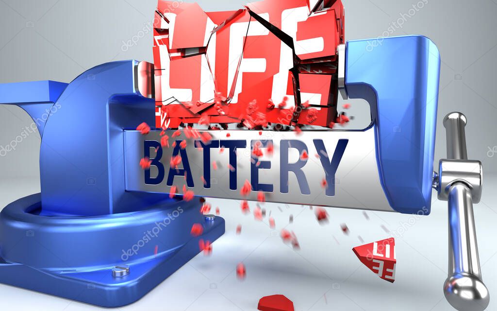 Battery can ruin and destruct life - symbolized by word Battery and a vice to show negative side of Battery, 3d illustration