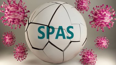 Covid-19 ve spa 'lar, virüsler tarafından sembolize ediliyor. Coronavirüs salgınının spaları çok olumsuz bir şekilde etkilediğini göstermek için spa' ları yok ediyorlar.