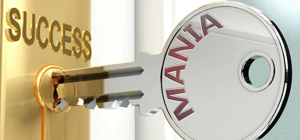 마니아와 열쇠에 나오는 단어인 마니아로 묘사되어 있으며 마니아가 사업에서 성공하고 — 스톡 사진