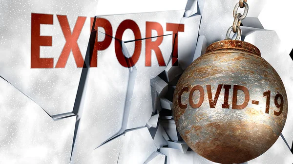 Covid Exportação Simbolizado Pelo Vírus Coronavírus Destruindo Exportação Palavras Para — Fotografia de Stock